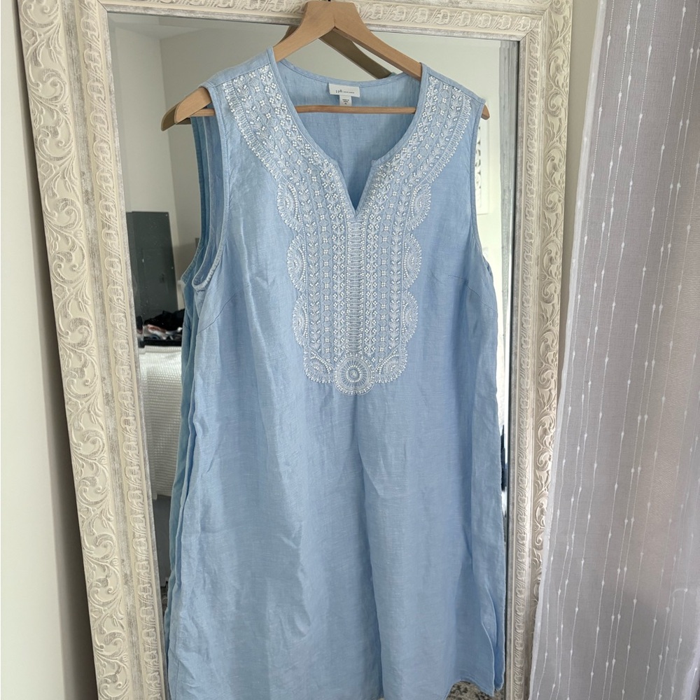 J. Jill Light Blue Sleeveless Beaded Linen Mini Dress